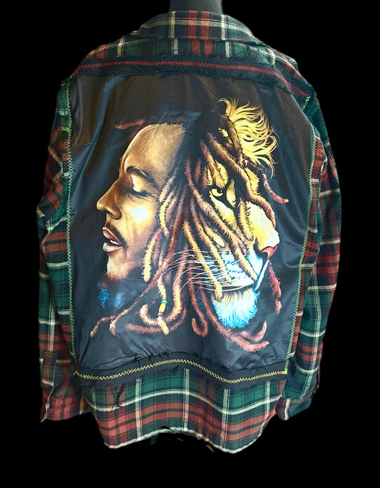 Customized “Bob Marley” Graphic Heavy Weight Flannel with Denim Patchwork