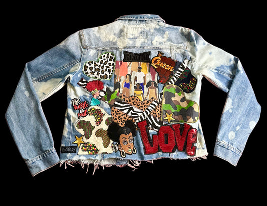 Customized “Queen” Reverse Tie Dye Denim Jacket with Stitched Patchwork