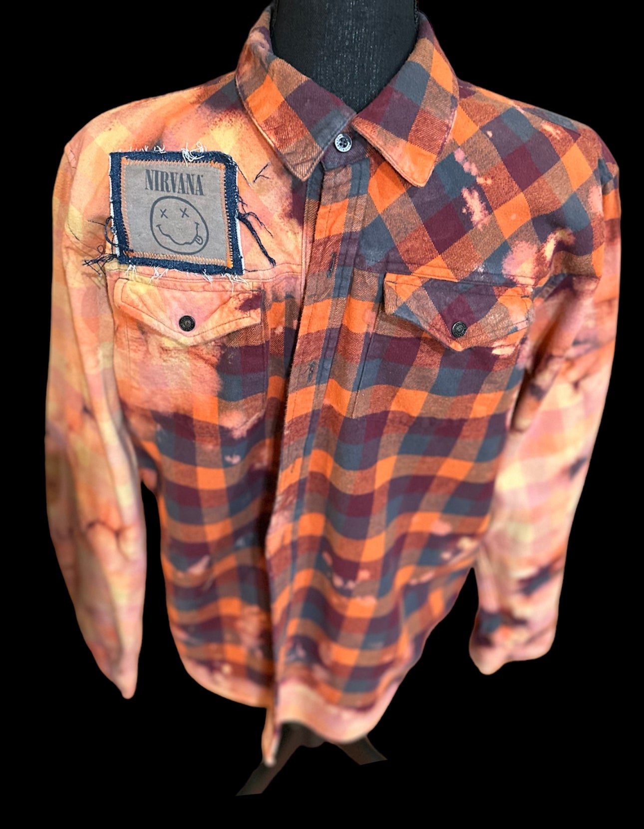 Customized “NIRVANA” Orange Graphic Reverse Tie Dye Flannel