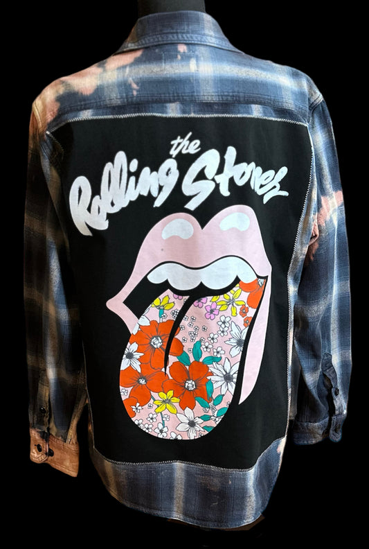 Customized “Rolling Stones” Graphic Blue Reverse Tie Dye Vintage Flannel