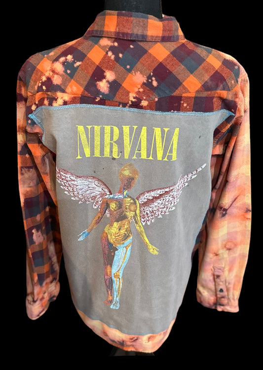 Customized “NIRVANA” Orange Graphic Reverse Tie Dye Flannel