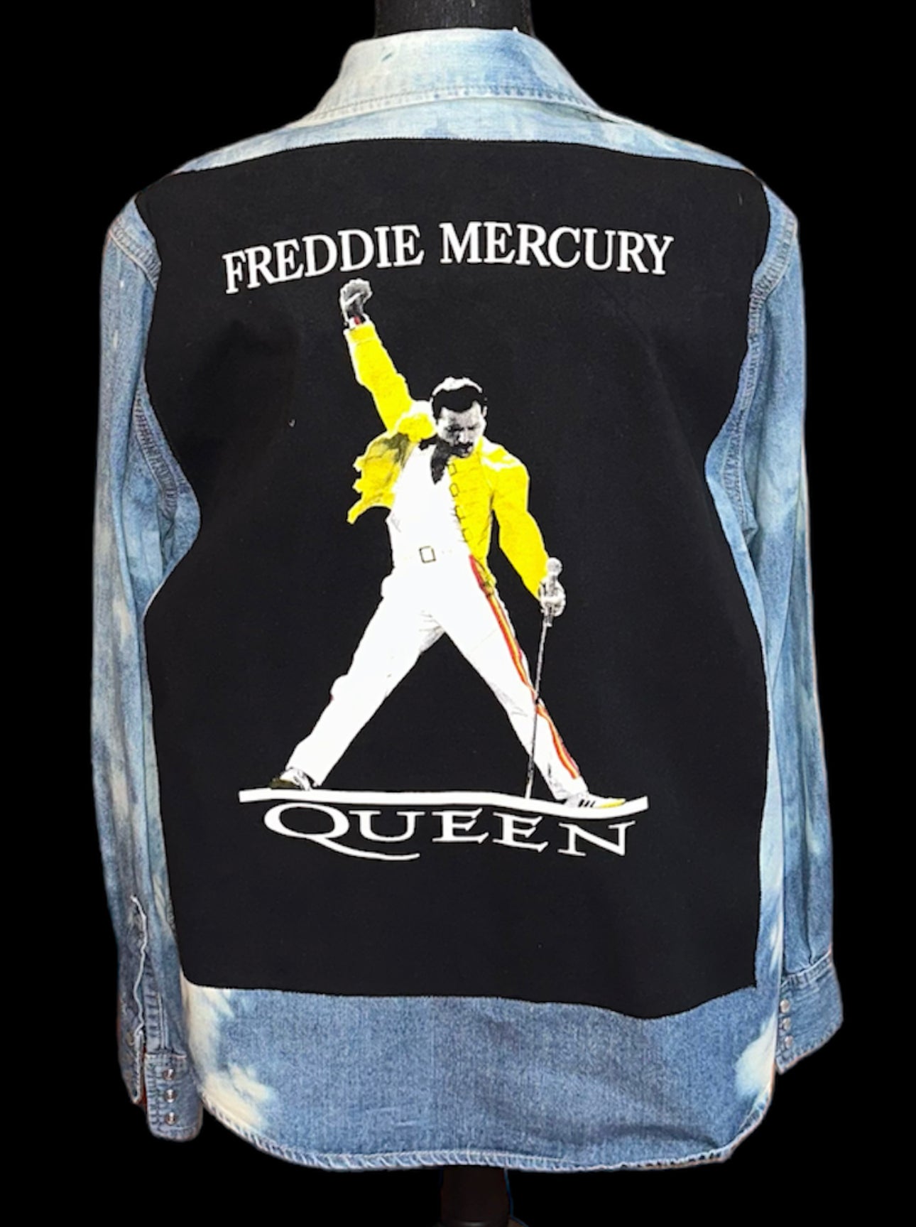 Customized Vintage “Freddie Mercury” Graphic Reverse Tie-Dye Denim Shirt