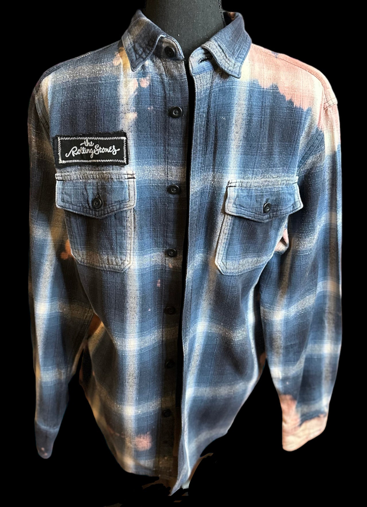 Customized “Rolling Stones” Graphic Blue Reverse Tie Dye Vintage Flannel