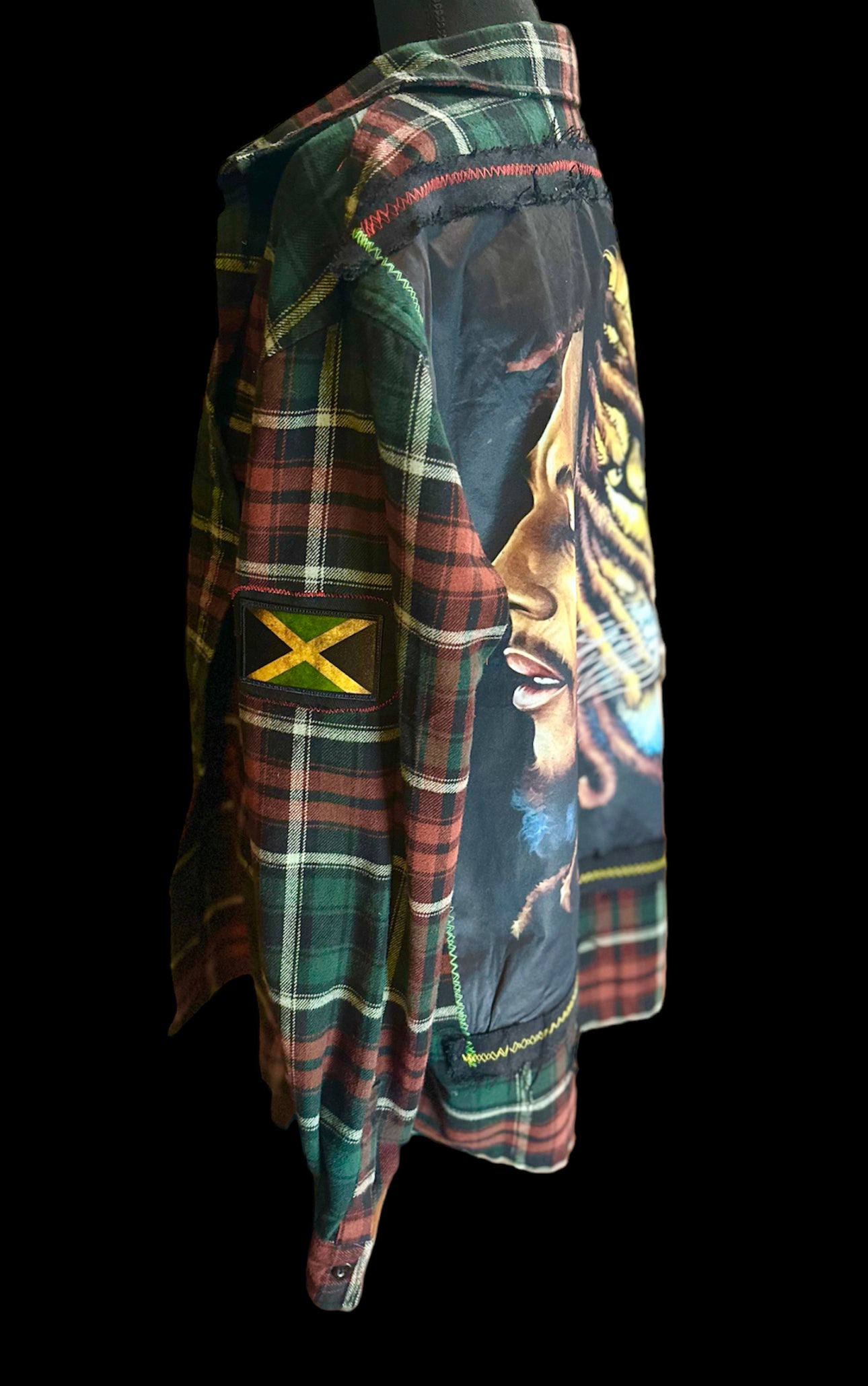 Customized “Bob Marley” Graphic Heavy Weight Flannel with Denim Patchwork