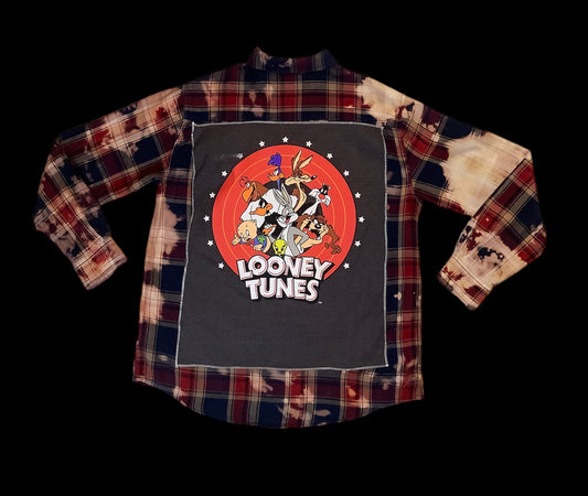 Customized Vintage “Looney Tunes”  Graphic Reverse Tie Dye Flannel